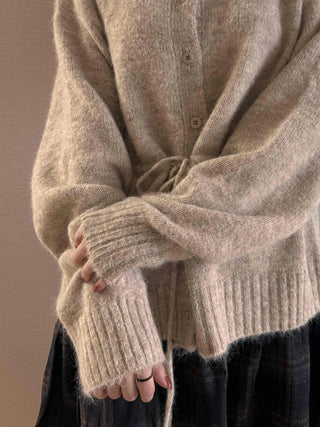 Natural Texture Round Neck Loose Knit Cardigan with String Details