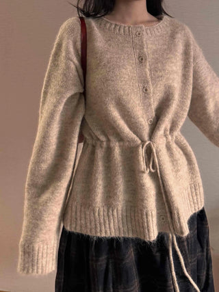 Natural Texture Round Neck Loose Knit Cardigan with String Details