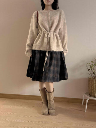 Natural Texture Round Neck Loose Knit Cardigan with String Details