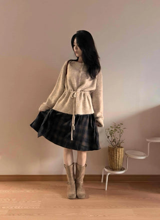Natural Texture Round Neck Loose Knit Cardigan with String Details