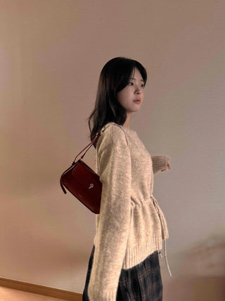 Natural Texture Round Neck Loose Knit Cardigan with String Details