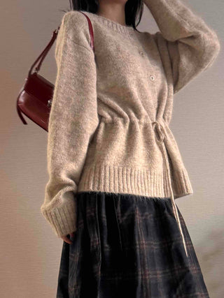 Natural Texture Round Neck Loose Knit Cardigan with String Details