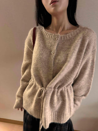 Natural Texture Round Neck Loose Knit Cardigan with String Details