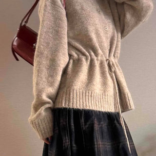 Natural Texture Round Neck Loose Knit Cardigan with String Details
