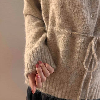 Natural Texture Round Neck Loose Knit Cardigan with String Details
