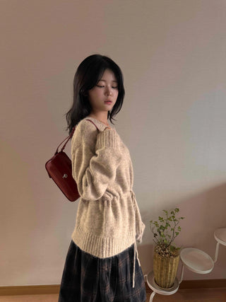 Natural Texture Round Neck Loose Knit Cardigan with String Details