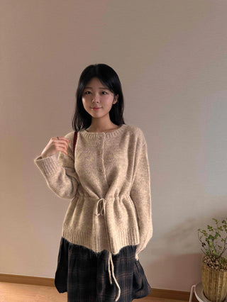 Natural Texture Round Neck Loose Knit Cardigan with String Details