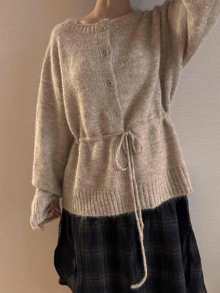 Natural Texture Round Neck Loose Knit Cardigan with String Details