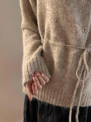 Natural Texture Round Neck Loose Knit Cardigan with String Details