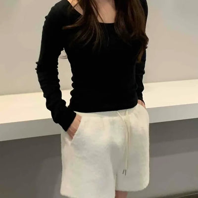 Soft Square Neck Ribbed Slim Long Sleeve Tee