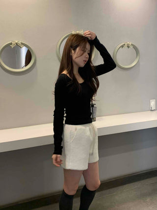 Soft Square Neck Ribbed Slim Long Sleeve Tee