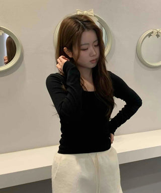 Soft Square Neck Ribbed Slim Long Sleeve Tee