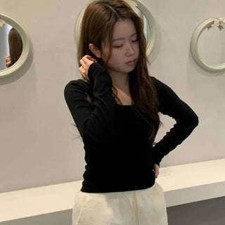 Soft Square Neck Ribbed Slim Long Sleeve Tee