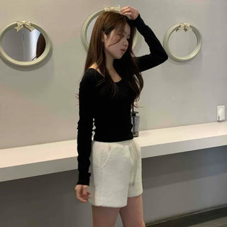 Soft Square Neck Ribbed Slim Long Sleeve Tee