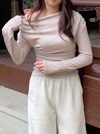 Delicate Fit Shirred Slim Fit Round Long Sleeve T-shirt