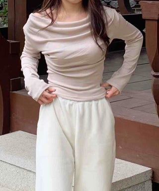 Delicate Fit Shirred Slim Fit Round Long Sleeve T-shirt