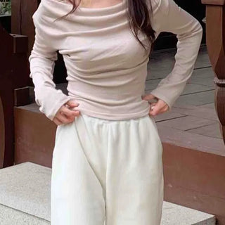 Delicate Fit Shirred Slim Fit Round Long Sleeve T-shirt