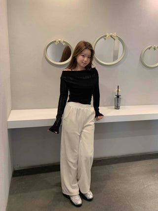 Glam See-through Off-shoulder Shirred Long Sleeve T-shirt