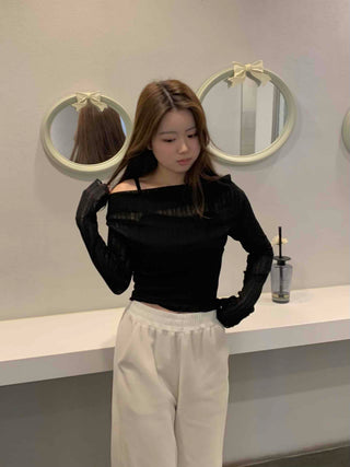 Glam See-through Off-shoulder Shirred Long Sleeve T-shirt