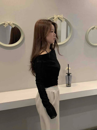 Glam See-through Off-shoulder Shirred Long Sleeve T-shirt