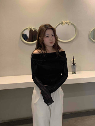 Glam See-through Off-shoulder Shirred Long Sleeve T-shirt