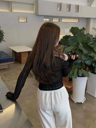 Glam See-through Off-shoulder Shirred Long Sleeve T-shirt