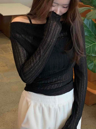 Glam See-through Off-shoulder Shirred Long Sleeve T-shirt