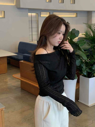 Glam See-through Off-shoulder Shirred Long Sleeve T-shirt