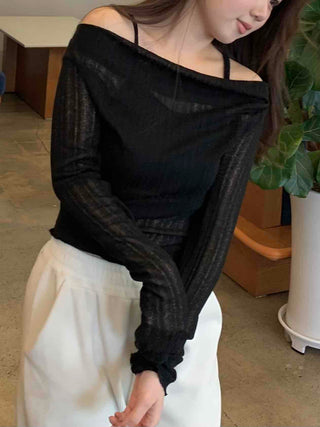 Glam See-through Off-shoulder Shirred Long Sleeve T-shirt