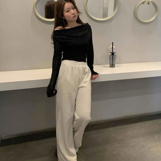 Glam See-through Off-shoulder Shirred Long Sleeve T-shirt