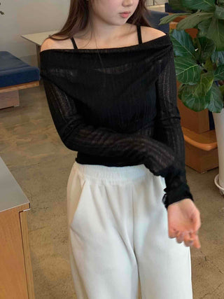 Glam See-through Off-shoulder Shirred Long Sleeve T-shirt