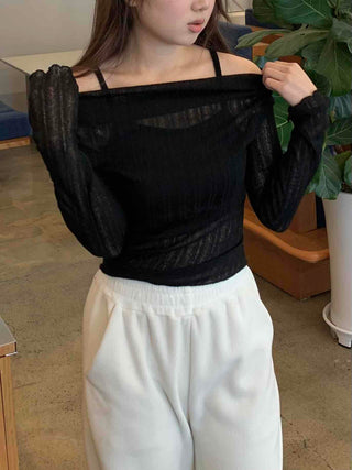 Glam See-through Off-shoulder Shirred Long Sleeve T-shirt