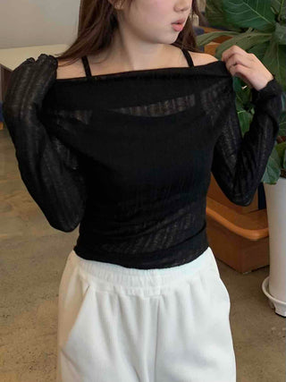 Glam See-through Off-shoulder Shirred Long Sleeve T-shirt