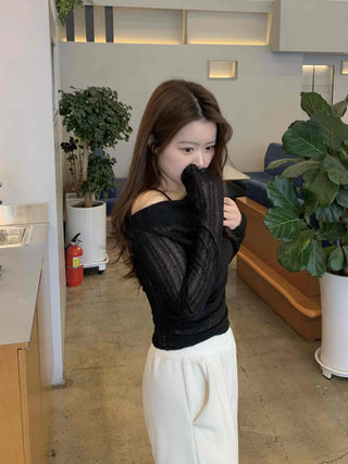 Glam See-through Off-shoulder Shirred Long Sleeve T-shirt