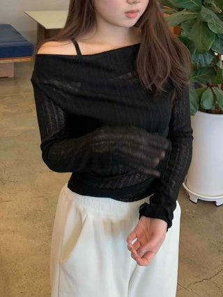Glam See-through Off-shoulder Shirred Long Sleeve T-shirt