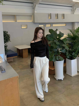 Glam See-through Off-shoulder Shirred Long Sleeve T-shirt