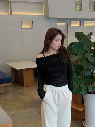 Glam See-through Off-shoulder Shirred Long Sleeve T-shirt
