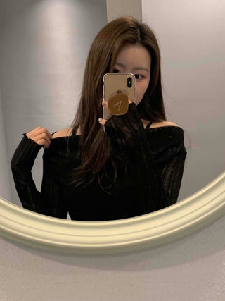 Glam See-through Off-shoulder Shirred Long Sleeve T-shirt