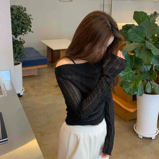 Glam See-through Off-shoulder Shirred Long Sleeve T-shirt