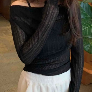 Glam See-through Off-shoulder Shirred Long Sleeve T-shirt