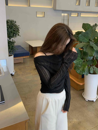 Glam See-through Off-shoulder Shirred Long Sleeve T-shirt