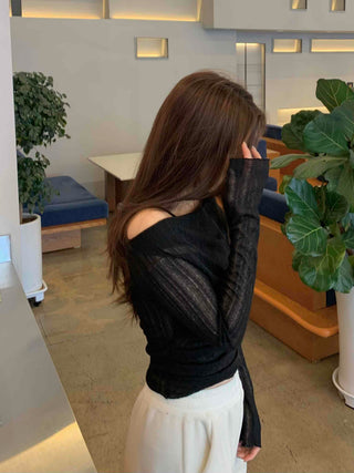 Glam See-through Off-shoulder Shirred Long Sleeve T-shirt