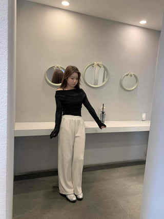 Glam See-through Off-shoulder Shirred Long Sleeve T-shirt