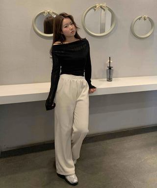 Glam See-through Off-shoulder Shirred Long Sleeve T-shirt