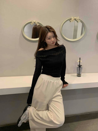 Glam See-through Off-shoulder Shirred Long Sleeve T-shirt