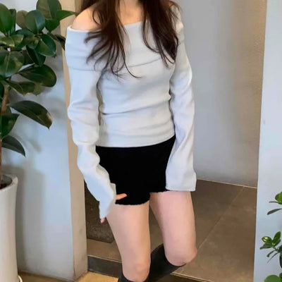 Square Neck Slim Shoulder Cutout Ribbed Long Sleeve T-shirt