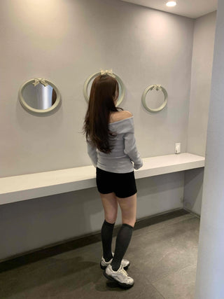 Square Neck Slim Shoulder Cutout Ribbed Long Sleeve T-shirt