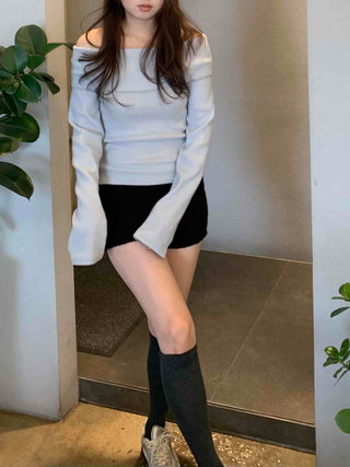 Square Neck Slim Shoulder Cutout Ribbed Long Sleeve T-shirt