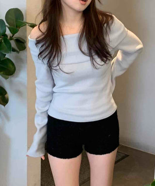 Square Neck Slim Shoulder Cutout Ribbed Long Sleeve T-shirt