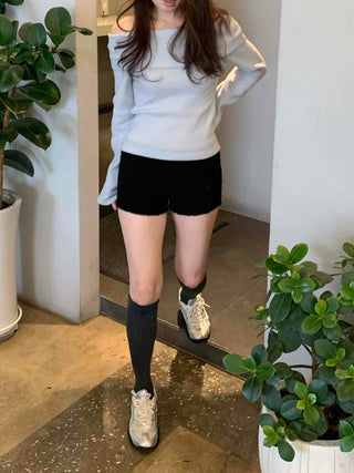 Square Neck Slim Shoulder Cutout Ribbed Long Sleeve T-shirt